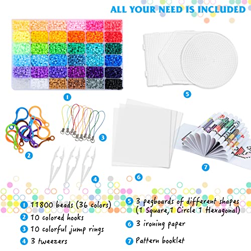 Quefe 11800pcs Fuse Beads Craft Kit, 36 Colors 5mm Beads, Melting Beads Set for Kids, Ideal for Crafts and Arts Projects, Great Gift for Birthday and QUEFE