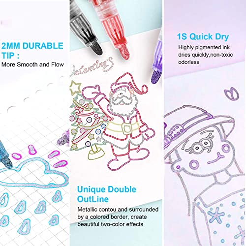 Outline Markers Self-outline Metallic Markers, 12 Colors Double Line Outline Markers, Super Squiggles Shimmer Outline Glitter Pen Set for Christmas - WoodArtSupply