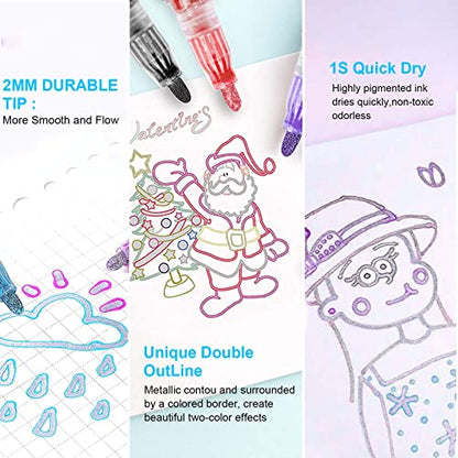 Outline Markers Self-outline Metallic Markers, 12 Colors Double Line Outline Markers, Super Squiggles Shimmer Outline Glitter Pen Set for Christmas - WoodArtSupply