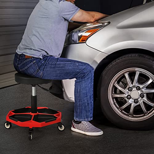 M-AUTO Pneumatic Mobile Rolling Garage Stool with Equipment Tray and All-Terrain Casters 300LBS Capacity Creeper, 16.5" to 22" Adjustable Height - WoodArtSupply