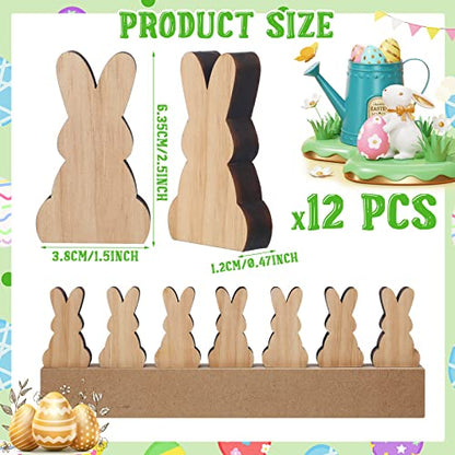12 Pcs Easter Wood Bunny Cutouts Unfinished Bunny Table Wooden Sign Easter Tabletop Decoration Rabbit Shaped Blank Wooden Signs with 1 Base for