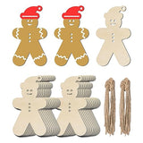 Christmas Hat Gingerbread Man Shape Unfinished Wood Gingerbread Man Blank Wood Pieces Wooden with Twines Art Ornaments for Christmas Wedding Birthday Zontween