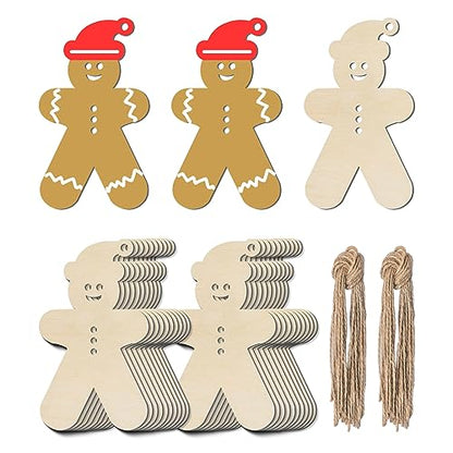 Christmas Hat Gingerbread Man Shape Unfinished Wood Gingerbread Man Blank Wood Pieces Wooden with Twines Art Ornaments for Christmas Wedding Birthday - WoodArtSupply