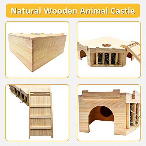 Hamiledyi Guinea Pig Castle Natural Wooden Rabbit House with Ladder and Hay Feeder Chinchilla Multi Chamber Hideaway Small Animal Hideout House for Hamiledyi