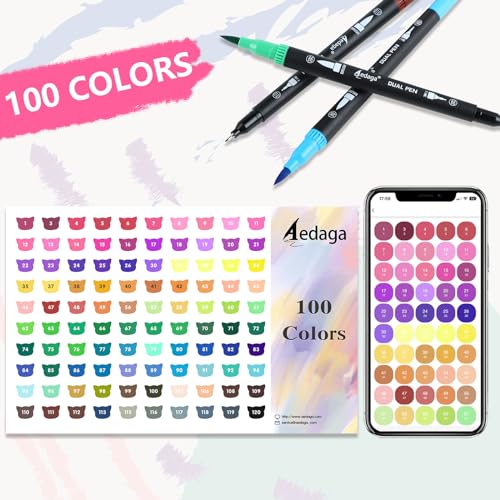 AEDAGA 100 Colors Numbered Dual Tip Brush Pens with Free App, Fine and  Brush Tips Colored Pens for Adults and Kids, Coloring Markers for Coloring  Book