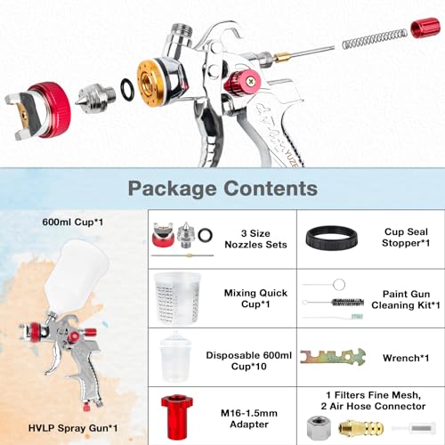 YUZES HVLP Spray Gun with Rapid Paint Mixing Graduated Cup, 1.4/1.7/2.0mm Copper Nozzles Automotive Paint Gun Set, 10 Disposable 600ML Cups, Spray - WoodArtSupply