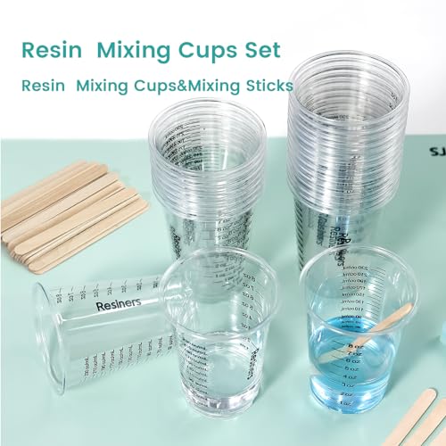 Resiners 30pcs Disposable Epoxy Resin Mixing Cups, Plastic Measuring Cups with 50pcs Wooden Stir Sticks, Mixing Containers for Resins, Paint, - WoodArtSupply