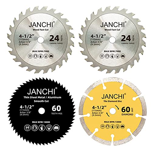 4 Pack Combo 4-1/2 Inch Compact Circular Saw Blade Set with 3/8" Arbor, 24T TCT /60T HSS /60# Diamond Disc Blade for Wood/Plastic/Sheet Metal/Tile - WoodArtSupply