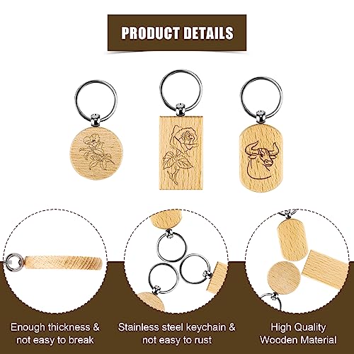 24pcs Wooden Keychain Blanks, Round Square Oval Engraving Blanks Wood Blanks Unfinished Wooden Key Ring Key Tag for DIY Gift Crafts