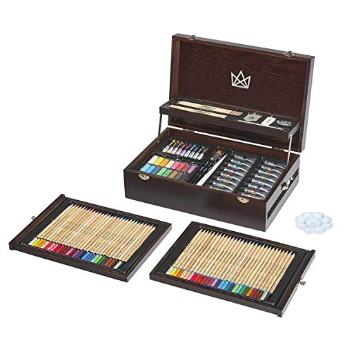 KINGART Mixed Media Art Set, 2-Drawer Wooden Case, Pencils, Pastels, Paints, Brushes, Erasers, Sharpener, Palette Knife, Palette, Painting, Drawing, KINGART