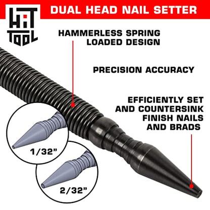 HIT Tool 2-in-1 Spring Loaded Nail Set Tool - 1/32" & 2/32" Combination Nail Set and Punch Hammerless Spring Tool - WoodArtSupply