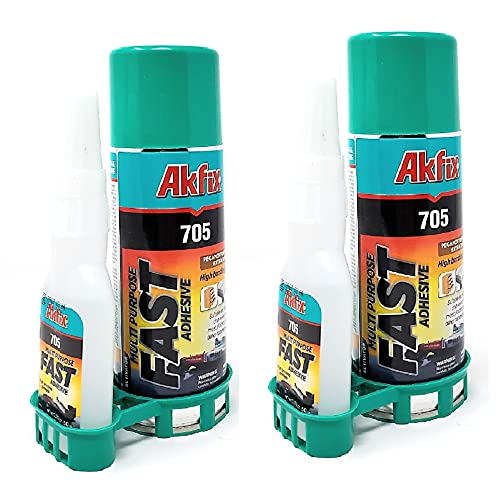 Akfix 705 Super CA Glue 2-Pack (2 X 1.76 oz) with Spray Activator (2 X 6.76 floz). Wood, Metal, Plastic, Leather, Crafts. Clear CA Glues Akfix