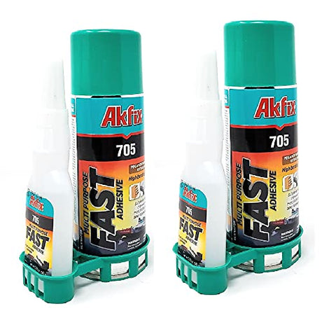 Akfix 705 Super CA Glue 2-Pack (2 X 1.76 oz) with Spray Activator (2 X 6.76 floz). Wood, Metal, Plastic, Leather, Crafts. Clear CA Glues Akfix