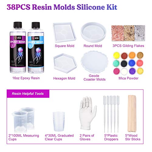 LET'S RESIN Epoxy Resin,Resin Coaster Molds Kit,16oz Resin Starter Kit for Beginners,Include Epoxy Resin,Coaster Molds, and Mica Powder for Resin - WoodArtSupply