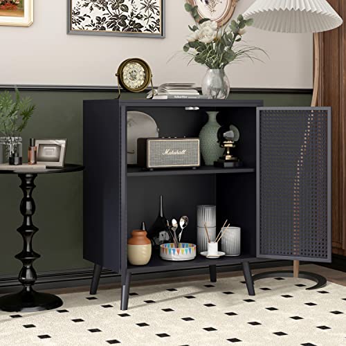 JZXSHD Metal Rattan Accent Cabinet - 2 Door Buffet Storage for Kitchen, Living Room and Hallway, Black JZXSHD