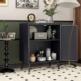 JZXSHD Metal Rattan Accent Cabinet - 2 Door Buffet Storage for Kitchen, Living Room and Hallway, Black JZXSHD