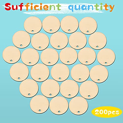 200 Pieces Unfinished Blank Wood Circle Pendants Round Disc Circle Wood Pieces Round Wooden Disk with Hole Small Wooden Pendant for Craft Decoration Jetec