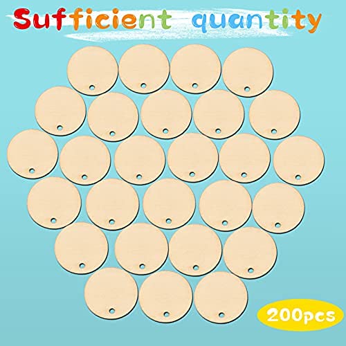 200 Pieces Unfinished Blank Wood Circle Pendants Round Disc Circle Wood Pieces Round Wooden Disk with Hole Small Wooden Pendant for Craft Decoration - WoodArtSupply