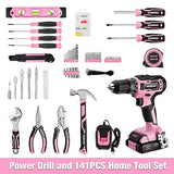 WORKPRO 20V Pink Cordless Drill Driver and Home Tool Set, 141PCS Hand Tool Kit for DIY, Home Maintenance, 2.0 Ah Li-ion Battery, 1 Hour Fast Charger, WORKPRO