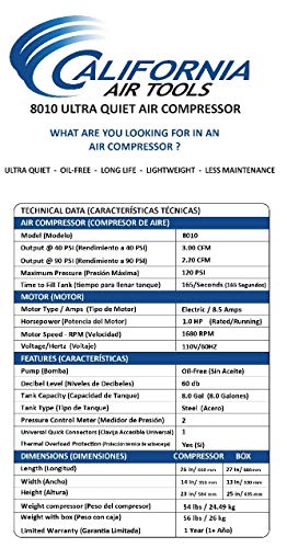 California Air Tools 8010 Steel Tank Air Compressor | Ultra Quiet, Oil-Free, 1.0 hp, 8 gal - WoodArtSupply