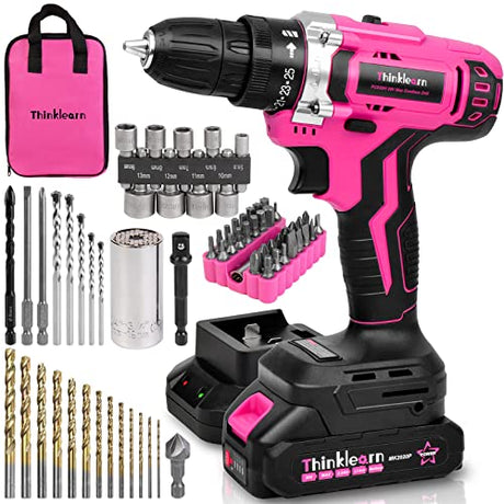 Pink Cordless Drill Set, 20V Lithium-ion Power Drill Set for Women with 67Pcs Drill Driver Bits, 3/8"Keyless Chuck, 25+1 Position Electric Drill, ThinkLearn