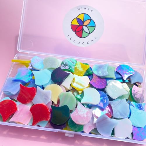 ILLUCKAI 3/4" Iridescent Fanshape Glass Mosaic Tiles for Crafts, 170 Pieces Mosaic Glass Pieces for Home Decor, Stained Glass Supplies Mosaic Kit for ILLUCKAI