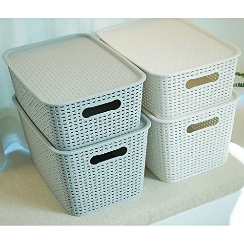 OLLIC Plastic Bins Large Storage with Lids | Korean Organizer Bin Basket Set for Organizing Baskets in Closet and Home (White, Large 4PK) OLLIC