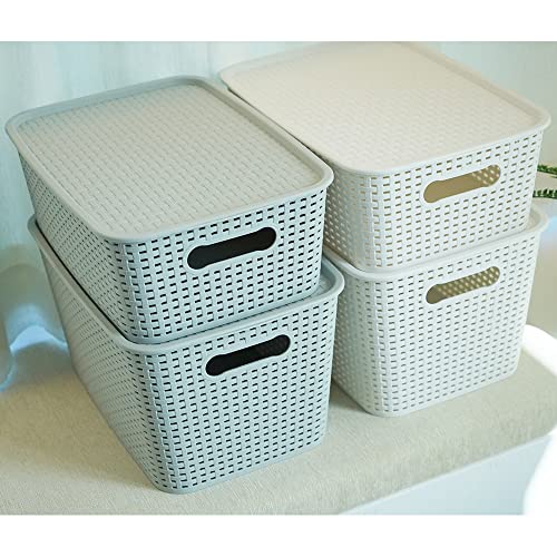 OLLIC Plastic Bins Large Storage with Lids | Korean Organizer Bin Basket Set for Organizing Baskets in Closet and Home (White, Large 4PK)