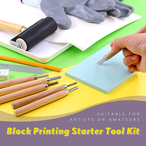 Swpeet 24Pcs Block Printing Starter Tool Kit, Rubber Stamp Carving Blocks, Ink Roller, Carving Tools, Gloves, Tracing Papers and Ink Mixing Tray for