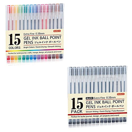 Shuttle Art School & Work Supplies Bundle, 15 Colors + 15 Black Japanese Style Pens for Writing Journaling Taking Notes School Office Home Shuttle Art