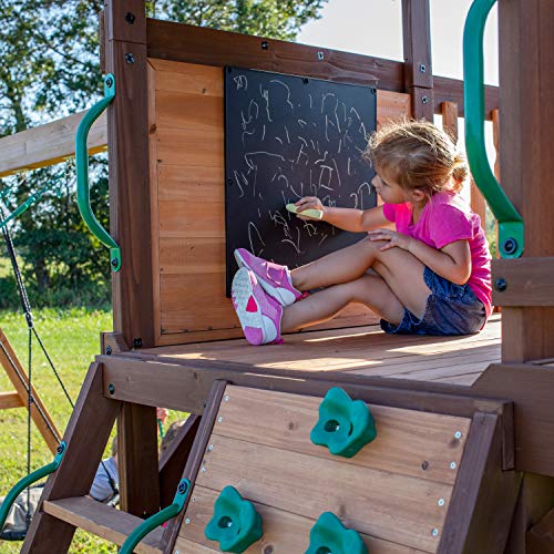 Backyard Discovery, Cedar Cove Wood Swing Set, Playground Fort, Chalkboard, Telescope, Dual Slide, Kitchenette, Wide Swing Lanes, 5ft Rock Wall, Step