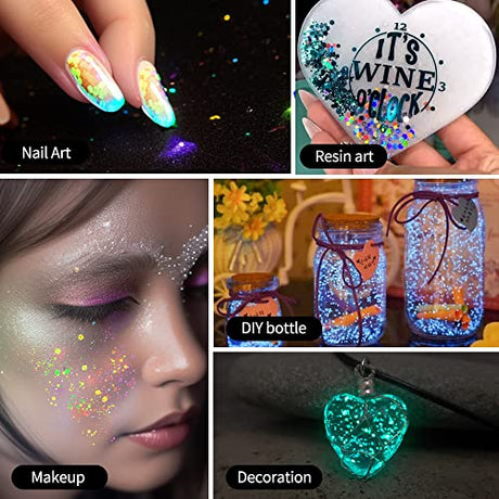 OSBANG Glow in The Dark Glitter 15 Jar - 12 Colors Glow Glitter and 3 Colors Gold Foil Flakes, High Luminous Glitter for Resin Crafts, Cosmetic, OSBANG