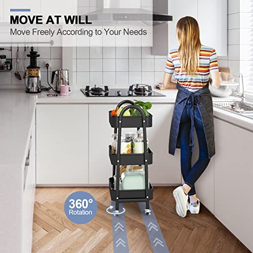 EAGMAK 3 Tier Utility Rolling Cart, Metal Storage Cart with Handle and Lockable Wheels, Multifunctional Storage Organizer Trolley with Mesh Baskets EAGMAK