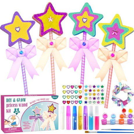 Ambesi Make Your Own Princess Wand Craft Kit, 4PCS Thick Wooden Fairy Wands with Gem Stickers & Ribbons, Art Kits for Toddler, Girls Painting Crafts Ambesi