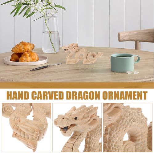 Amosfun Chinese Feng Shui Carved Natural Wood Dragon Statue Unpainted Wooden Dragon Sculpture Unfinished 10cm DIY Animal Figurine Hand Carved Amosfun