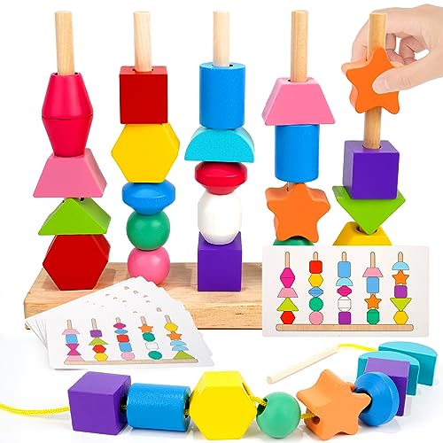 Montessori Toys for 2 3 4 Year Old Kid Boy Girl Toddler, Montessori Wooden Beads Sequencing Toy Set, Lacing Beads & Stacking Block & Matching Shape TooyBing