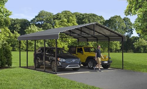 Arrow Carports Galvanized Steel Carport, Double Car Metal Carport Kit, 20' x 20' x 9', Charcoal - WoodArtSupply