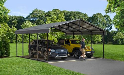 Arrow Carports Galvanized Steel Carport, Double Car Metal Carport Kit, 20' x 20' x 9', Charcoal - WoodArtSupply