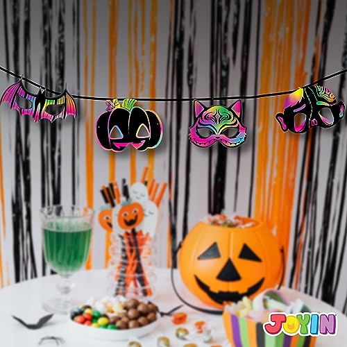 JOYIN 32 Pcs Halloween Mask Craft Kit for Kids, DIY Rainbow Scratch Art Masks for Halloween，Kids Magic Scratch Paper Animal Masks, Halloween Party - WoodArtSupply