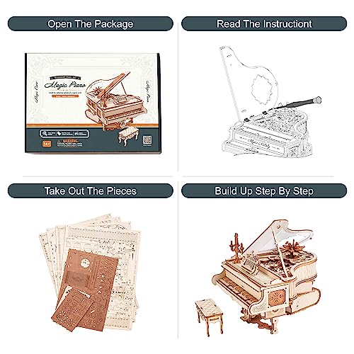 RoWood Mechanical Magic Piano 3D Wooden Puzzle Kit – Unique Gift for Music and Craft Lovers - WoodArtSupply