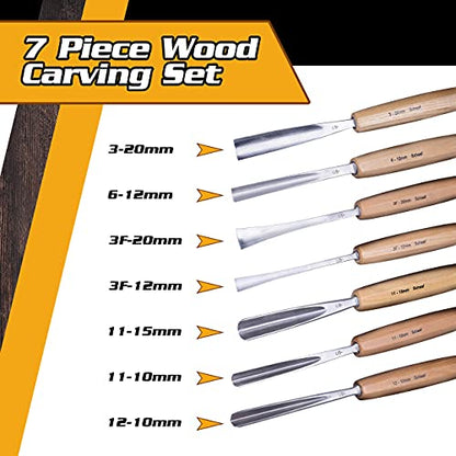 Schaaf Wood Carving Tools Set of 7 | Chisel set with Canvas Case | Gouges and Carving Chisels Set for Beginners and Professionals | Razor Sharp CR-V - WoodArtSupply