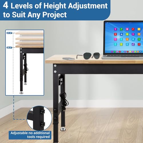 Work Benches, Adjustable Height Work Table, Heavy Duty Husky Workbench Portable Table 2000 LBS Load Capacity,with Power Outlet and Wheels for - WoodArtSupply