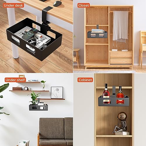Gaxomo 2 Pack Clamp-on Side Desk Swivel Organizer, Under Desk Hidden Storage Drawer with Cable Hole, Hanging Desk Rotated Metal Basket for Extender Gaxomo