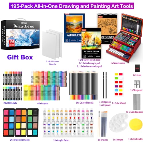 iBayam Deluxe Art Set, 195-Pack Artist Gift Box, Arts and Crafts Drawing Painting Kit Art Supplies for Adults Kids, Art Kits Paint Set with 24 iBayam