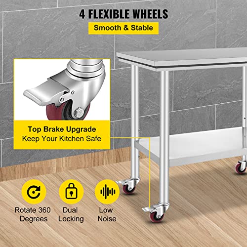 Mophorn Stainless Steel Work Table 36x24 Inch with 4 Wheels, Casters Heavy Duty Food Prep Worktable for Commercial Kitchen Restaurant Vevor