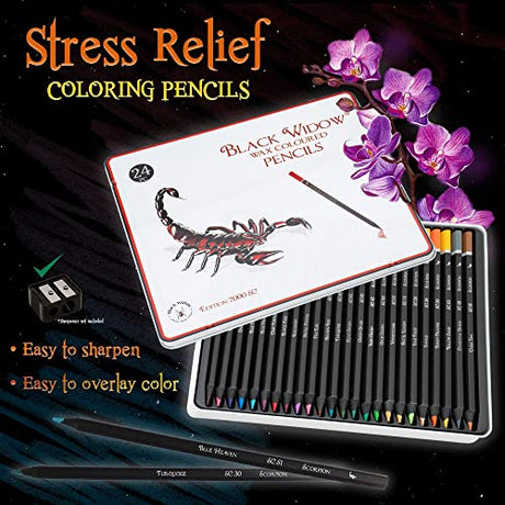 Black Widow Colored Pencils For Adult Coloring - 24 Coloring Pencils With Smooth Pigments - Best Color Pencil Set For Adult Coloring Books And Black Widow