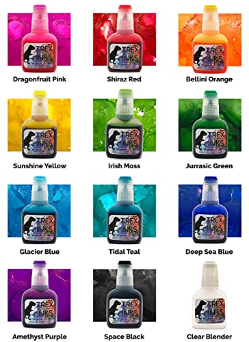 T-Rex Inks Premium Alcohol Inks Starter Set- 12 Vibrant XL Colors - Alcohol Ink for Epoxy Resin Dye, Painting, Tumbler Making & More - Storage Box &