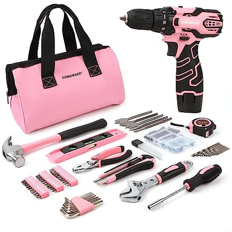 COMOWARE 12V Pink Cordless Drill Driver and Home Tool Kit, Pink Drill Set for Women, Lady's Home Repairing Tool Kit with Power Drill, Large-Capacity COMOWARE