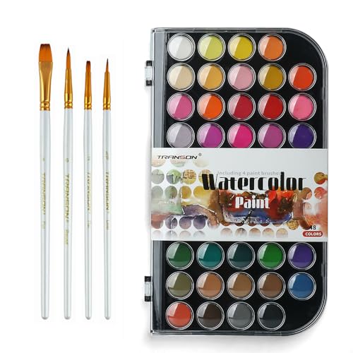 TRANSON 48-Color Watercolor Kit with 4pcs Paint Brush Set for Adults, Students, Beginners and Artists - WoodArtSupply