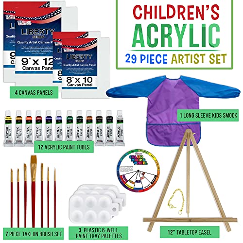 U.S. Art Supply 29-Piece Children's Acrylic Paint Artist Set with 12 Paint Colors, 7 Brushes, 12" Easel, 4 Canvas Panels, 3 Painting Palettes, Color US Art Supply